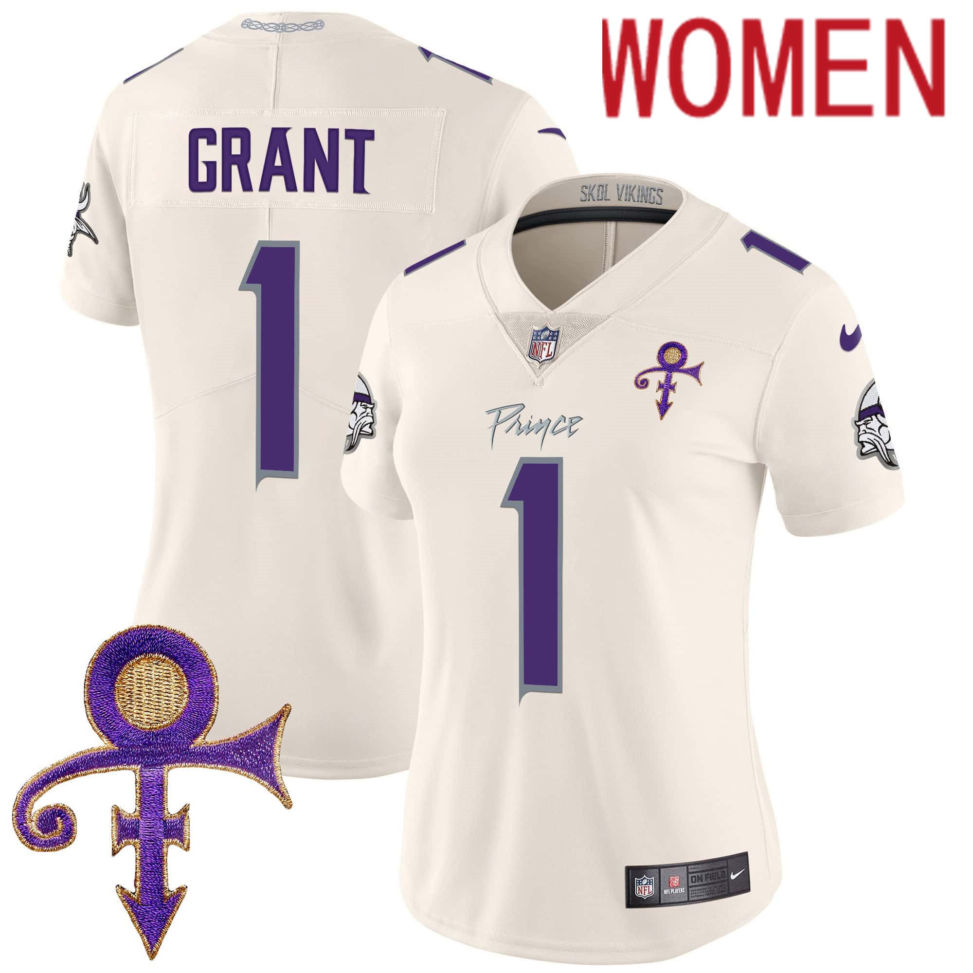 Women Minnesota Vikings #1 Grant Cream 2024 Nike Prince Vapor Limited NFL Jersey->women nfl jersey->Women Jersey
